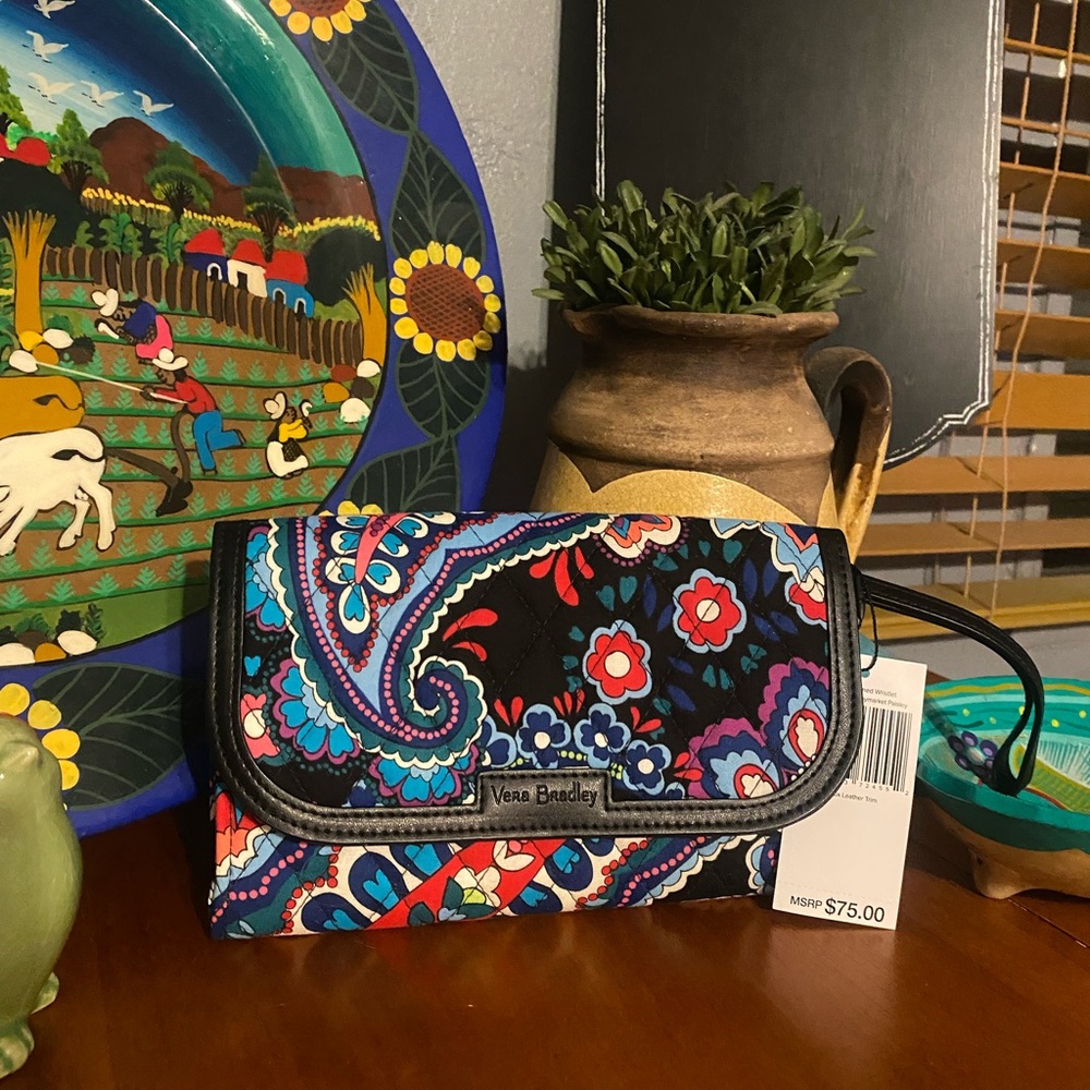 Vera Bradley Black and Blue Clutch with Vibrant Paisley Design